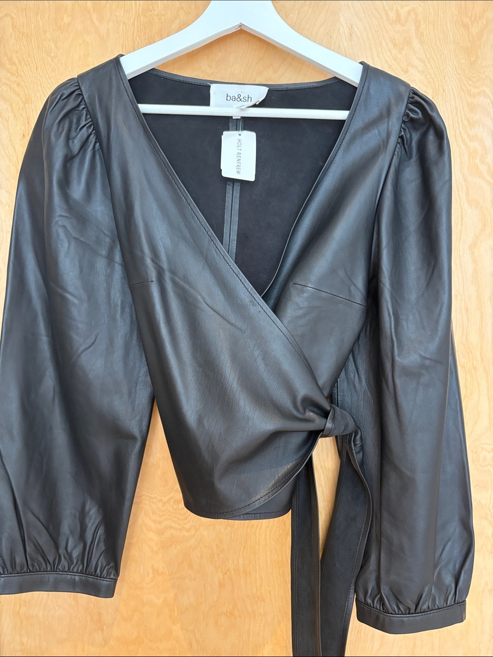 ba&sh Black Leather Wrap Blouse with Puff Sleeves